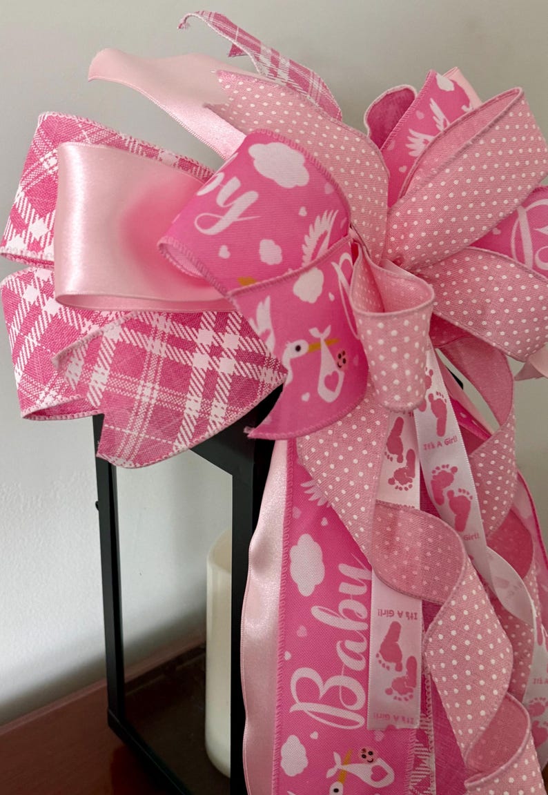 Handmade Pink Baby Shower Bow, Girl Stork Footprints Ribbon Decoration ...