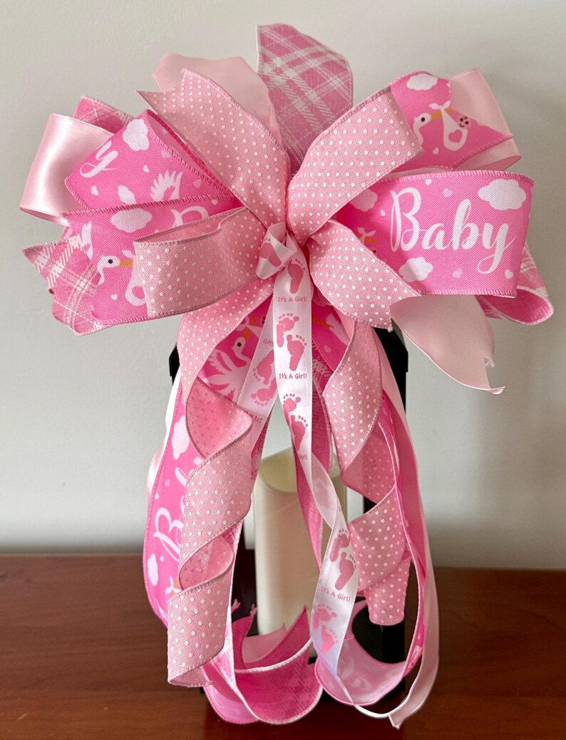 Handmade Pink Baby Shower Bow, Girl Stork Footprints Ribbon Decoration ...