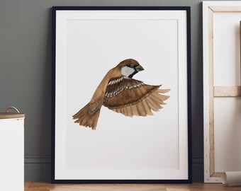Kunstdruck Vogel Sperling Spatz im Flug Aquarell Fineart Print