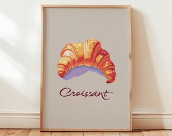 Plakat z obrazem do pobrania w wersji cyfrowej z rogalikiem, francuska piekarnia, sztuka ścienna, wystrój kuchni, słodki francuski plakat, kawiarnia