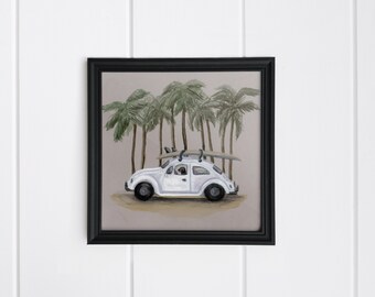 Kunstdruck VW Käfer Beetle Surfbrett Sommer Palmen Hund Postkarte