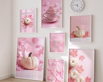 Jesienny plakat w kolorze różowym, zestaw 7 liści dyni, cyfrowy wydruk artystyczny, estetyczna sztuka ścienna, dekoracja Cottagecore, standard ISO