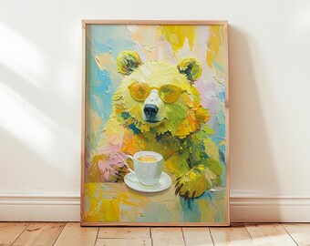 Cyfrowe pobieranie: Miś z okularami przeciwsłonecznymi i kawą, obraz ścienny w odcieniach żółci i zieleni, natychmiastowe pobieranie