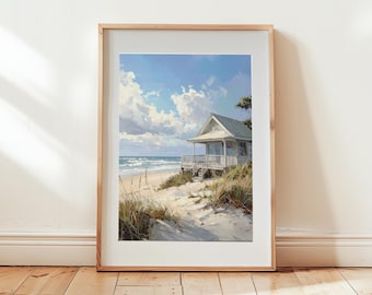Dom na plaży | Morska sztuka ścienna | Wystrój nadmorski | Nadmorski krajobraz | Morska dekoracja domu na plaży | Pobieranie cyfrowe