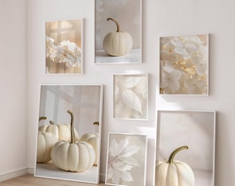 Jesienny plakat biały zestaw 7 liści dyni Hortensja Liście dyni Cyfrowe pobieranie Druk artystyczny Sztuka ścienna Dekoracja Cottagecore Norma ISO