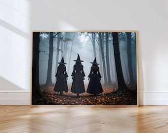 Witch Trio Las Czarownic Grafika ścienna do pobrania w wersji cyfrowej do domu Dekoracja na Halloween Mroczna estetyczna sztuka fantasy Dark Academia