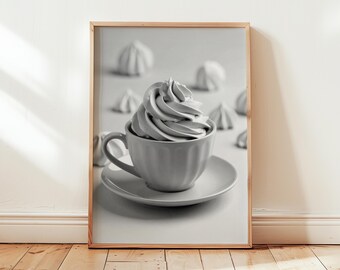 Plakat „Filiżanka do kawy z bitą śmietaną” – czarno-biały, cyfrowy do pobrania. Minimalistyczna dekoracja jadalni. Natychmiastowe pobranie.