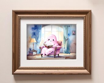 Sztuka na Halloween, słodki różowy duch czytający akwarelę, cyfrowe pobieranie, słodki różowy duch