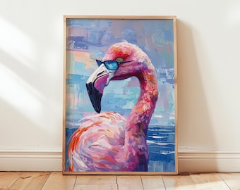 Pobierz cyfrowo – Fajny flaming z okularami przeciwsłonecznymi, pastelowy obraz ścienny w odcieniach różu i błękitu, natychmiastowe pobranie dzieła sztuki ze zwierzętami