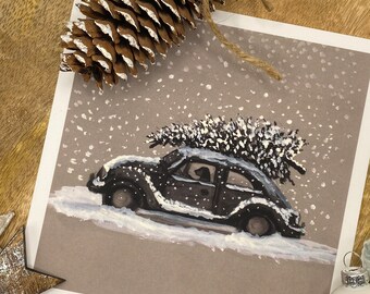 Kunstdruck, Weihnachtsauto, Käfer, Tannenbaum, Postkarte