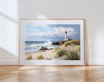 Grafika ścienna „Latarnia morska nad morzem” | Morska grafika ścienna | Wystrój nadmorski | Nadmorski krajobraz | Wystrój domu na plaży w stylu morskim | Pobieranie cyfrowe