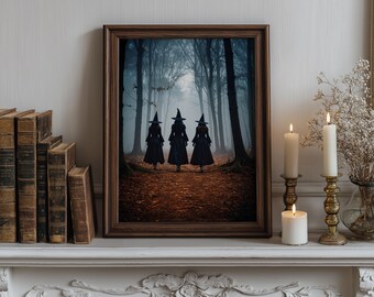 Witch Trio Mystic Witches Forest Art Print Pobierz cyfrowo do swojego domu Dekoracja na Halloween Mroczna estetyczna sztuka fantasy Dark Academia
