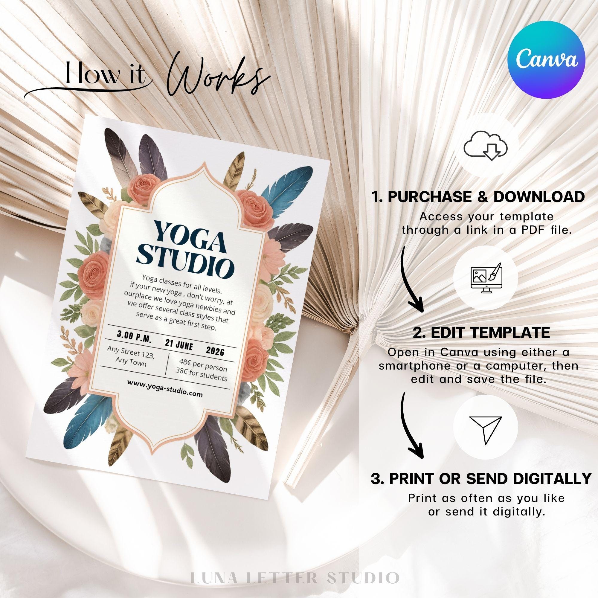 Editable Yoga Flyer Canva Template Feathers Flowers Indian Design for ...
