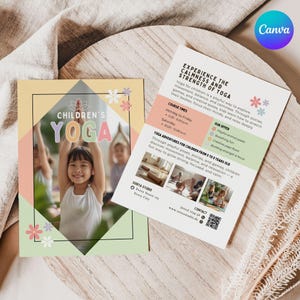 May include: Two flyers on a wooden surface promoting children's yoga. One flyer features a girl doing yoga with the text "CHILDREN'S YOGA." The other flyer has text about yoga for children, course times, and the studio's contact information.