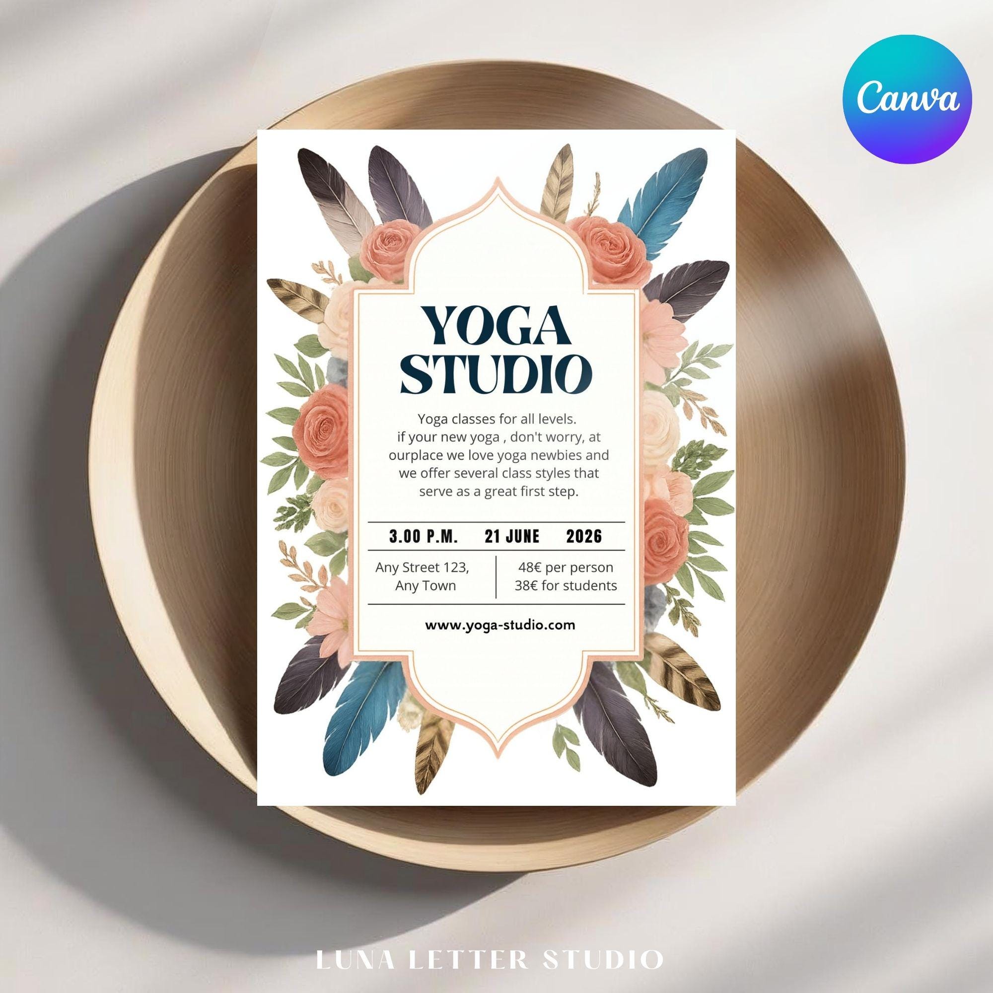 Editable Yoga Flyer Canva Template Feathers Flowers Indian Design for ...