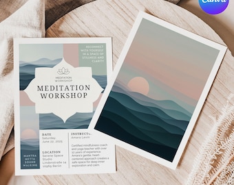 Editable Meditation Flyer Canva Template with Calm Wave Background Wellness Retreat Yoga Class Mindfulness Printable Spiritual Event Design