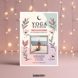 Bewerkbare Yoga Flyer Template Canva Pastel Floral Beach Achtergrond voor Yoga Class Studio Retreat Wellness Event Promotie Afdrukbaar Downloaden
