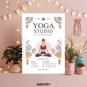 Bewerkbare yogaflyer Canva-sjabloon Boho-meditatieworkshopflyer Wellness Spirituele retraite Marketingevenementposter Pastel Digitale download