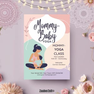 Plantilla editable de Canva para volante de yoga para mamás y bebés, colores pastel, invitación a clase de yoga personalizable para mamás y niños, descarga digital DIY.
