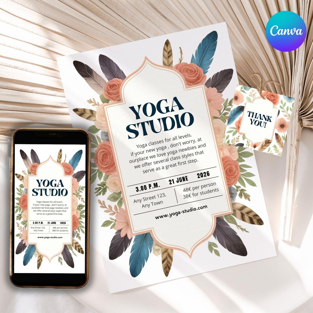 Editable Yoga Flyer Canva Template Feathers Flowers Indian Design for ...
