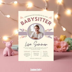 Flyer Canva pour baby-sitter, modèle modifiable, flyer imprimable pour garderie, affiche pour nounou, jolie publicité pour baby-sitting, modèle de promotion pour garderie