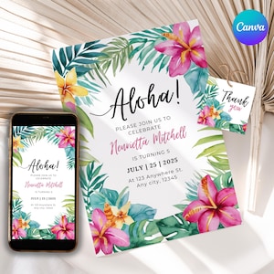 Editable Luau Birthday Invitation Template Kids Tropical Hawaiian Party Beach Celebration Tiki Theme Printable Digital Invite Canva Design