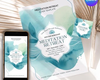 Editable Yoga Retreat Flyer Template Meditation and Wellness Event Pastel Watercolor Printable Canva Design Spiritual Digital Poster Design