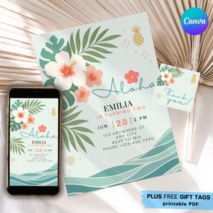 Hawaii Geburtstagseinladung tropischer Sommer Luau Geburtstag Party Einladung Canva Vorlage editierbar digital personalisierbar Download