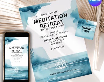 Editable Yoga Meditation Flyer Template Canva Pastel Watercolor Design Animated Digital Version and Printable Wellness Retreat Poster Invite