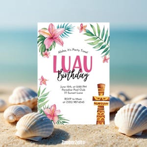 Plantilla de invitación de cumpleaños de luau tropical para fiesta en la playa de Canva, imprimible, editable, temática hawaiana, evento infantil, noche Tiki, celebración en la isla.