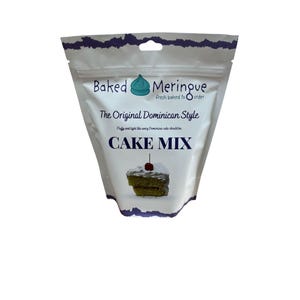 May include: White cake mix bag with the text "Baked Meringue" and "The Original Dominican Style." The bag features a teal meringue icon and an image of a slice of cake topped with a cherry. The text "CAKE MIX" is prominently displayed.