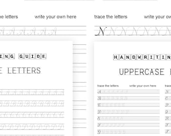 Hojas de trabajo de caligrafía cursiva imprimibles (8 páginas, letras, palabras y oraciones), para niños de secundaria y adultos (solo archivo PDF).