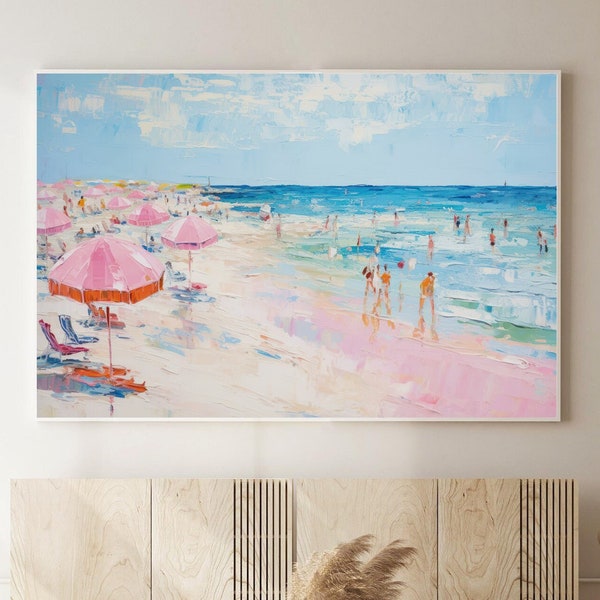 Décor de chambre preppy, art côtier rétro, art mural girly, impression de plage vintage, peinture côtière abstraite, décor d'appartement girly rose numérique