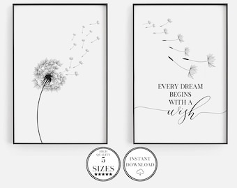 Every Dream Begins With A Wish, 2 Piece Set, Printable Nursery Wall Art, Dandelion Wall Art, Farmhouse Sign, Bedroom Quote, Minimalist Print
