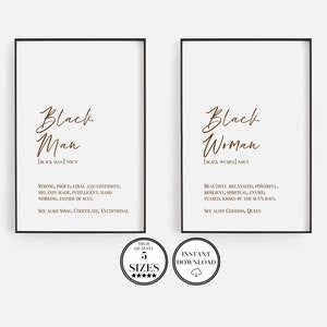 Black Woman And Man Definition Print Set, Printable Typography Wall Art, Black Family, Above The Bed Art, Black Couple Gift, Set of 2 prints