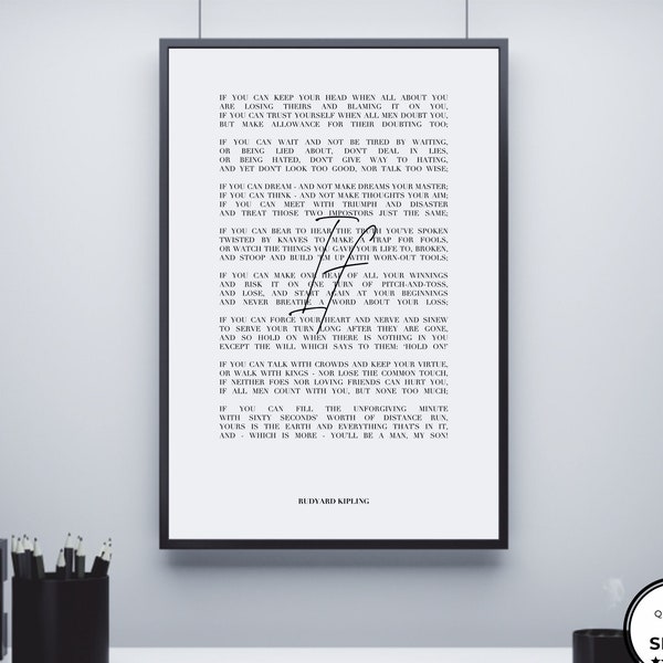 If Poem Print by Rudyard Kipling, If Minimalist Font Quote Printable Poster, If Kipling Home Office Inspirational Literature Wall Art