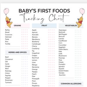 May include: A printable PDF chart titled "Baby's First Foods Tracking Chart" lists grains, fruits, vegetables, protein, dairy, herbs, spices, common allergens, and other foods. The chart includes illustrations of Winnie the Pooh.
