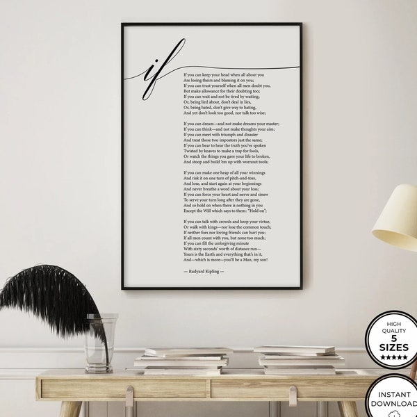 If Poem, 1895 Rudyard Kipling, Printable If Poem, Famous Poem, Printable Poem, Living Room Art, Literature Victorian Wall Art, Office Decor