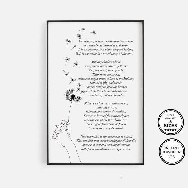 Dandelion Memorial Poem, Dandelion Flower Of The Military Child, Military Child Gift, Printable Military Wall Decor,Retirement Memorial Poem