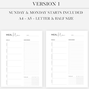 Planificateur de repas hebdomadaire et modèle imprimable de liste de courses, planificateur de nourriture, planificateur de régime, plan de menus de 7 jours, santé et forme physique, A4/A5/Letter/Half