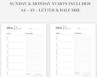 Weekly Meal Planner and Grocery List Printable Template, Food Planner, Diet Planner, 7 Day Menu Plan, Health & Fitness, A4/A5/Letter/Half
