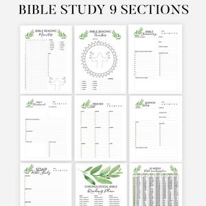Peut inclure: Planificateur PDF imprimable pour l'étude de la Bible, avec neuf sections. Comprend des pages pour les minutes de lecture biblique, les listes de prières, les notes de sermons et un plan de lecture chronologique. Le texte indique "Bible Study 9 Sections".