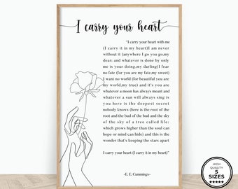 I Carry Your Heart With Me Wall Art, E.E. Cummings Poem, Literary Art, Wedding Gift, Bedroom Decor, Valentines Gift for Wife or Husband