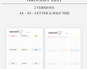 Grocery List Printable, Grocery Planner Template, Food Shopping List Kitchen Inventory Planner Printable Download A4/A5/Letter/Half Size PDF
