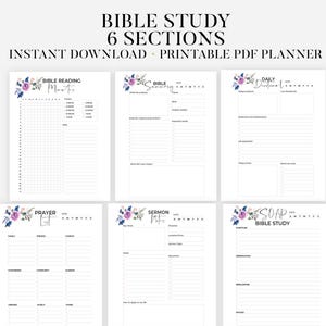 Puede incluir: Planificador de estudio bíblico imprimible con seis secciones: Minutos de lectura bíblica, Resumen bíblico, Devoción diaria, Lista de oración, Notas de sermón y Estudio bíblico SOAP. El planificador presenta un diseño floral con flores rosas y moradas.