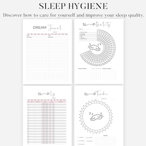 May include: Printable PDF planner for improving sleep hygiene. Includes a sleep quality tracker, a sleep log, and a dream journal.