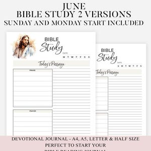 Peut inclure: Un journal de dévotion avec le texte "BIBLE Study" et "Today's Passage". Le journal comprend un plan de lecture biblique de 30 jours et est disponible en formats A4, A5, lettre et demi. Le texte "JUNE" est également visible.