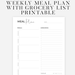 Planificateur de repas hebdomadaire et modèle imprimable de liste de courses, planificateur de nourriture, planificateur de régime, plan de menus de 7 jours, santé et forme physique, A4/A5/Letter/Half