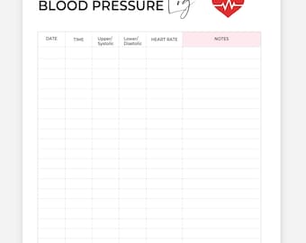 Registro de presión arterial imprimible, descarga instantánea, rastreador médico, registro de presión arterial, tabla de presión arterial en PDF, hoja imprimible
