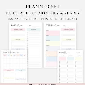 May include: Printable planner set with daily, weekly, monthly, and yearly layouts. The pages are in pastel pink, blue, and yellow colors. The planner set includes four versions: Sunday starts, Monday starts, A4, A5, Letter, and Half Size.